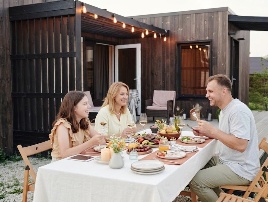 Family enjoying outdoor dinner at a table with various dishes, wine, and smiling faces at modern wooden house patio
