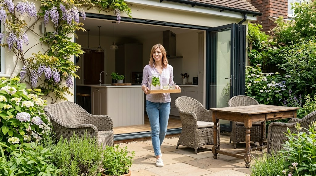 Woman carrying tray in a sunny garden, surrounded by wicker furniture and blooming flowers, near open patio doors